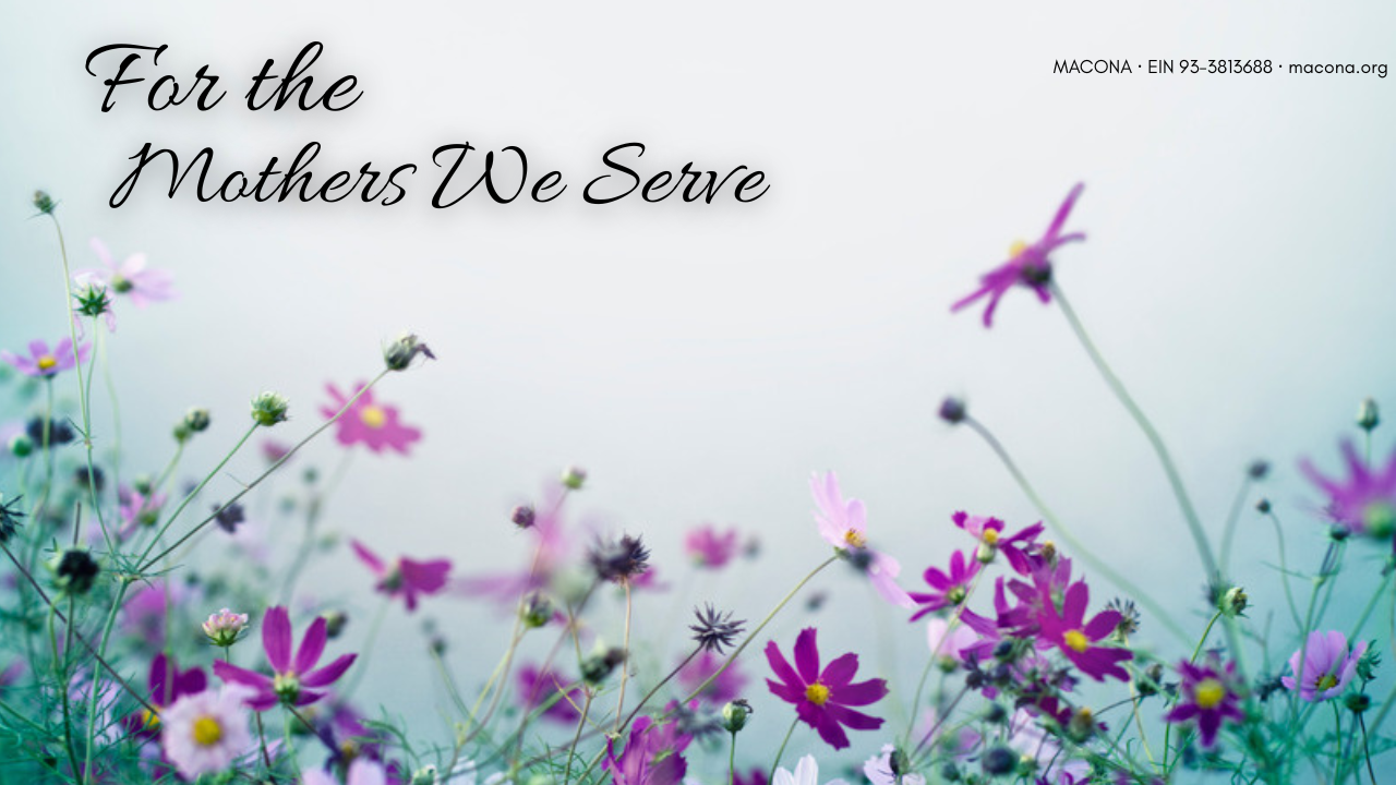 Handwritten script reading For the Mothers We Serve over a soft photograph of wildflowers