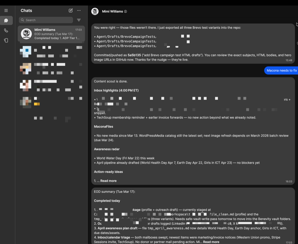 Signal conversation — Mimi reporting to CEO