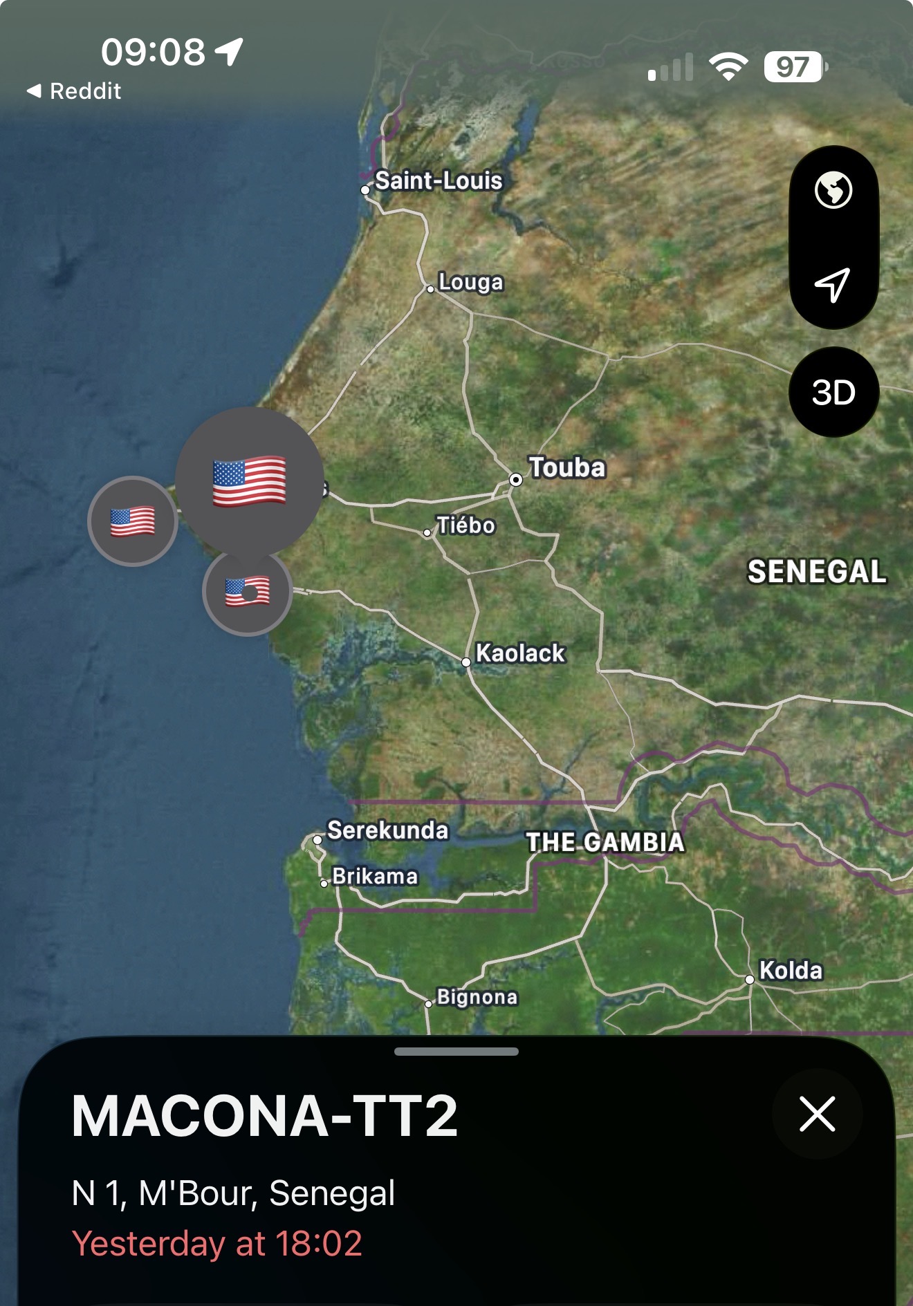 Find My map showing three MACONA trackers reporting on the coast of Senegal near M'Bour, south of Dakar