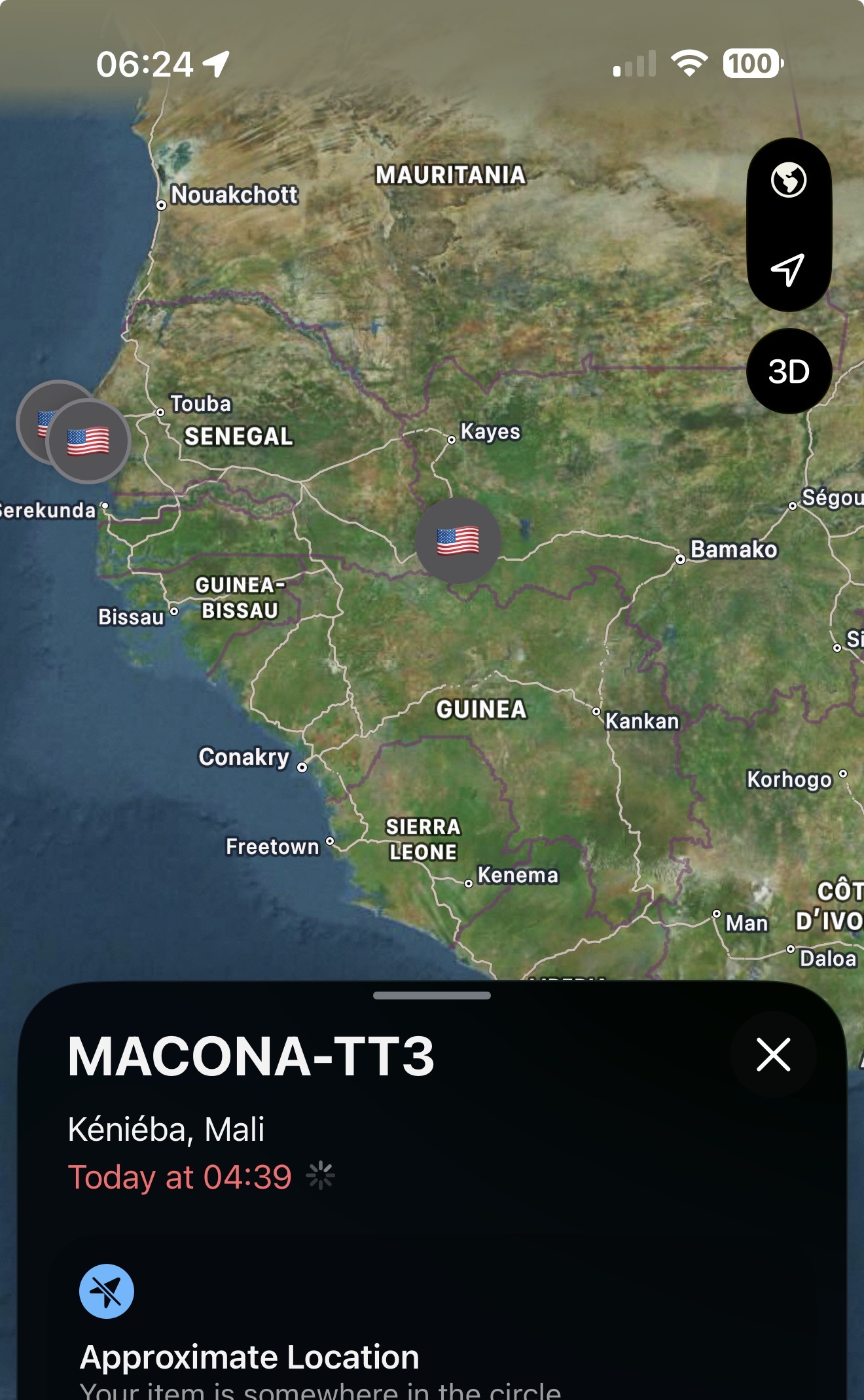 Find My map showing MACONA-TT3 reporting at Kenieba in western Mali, with Bamako to the east