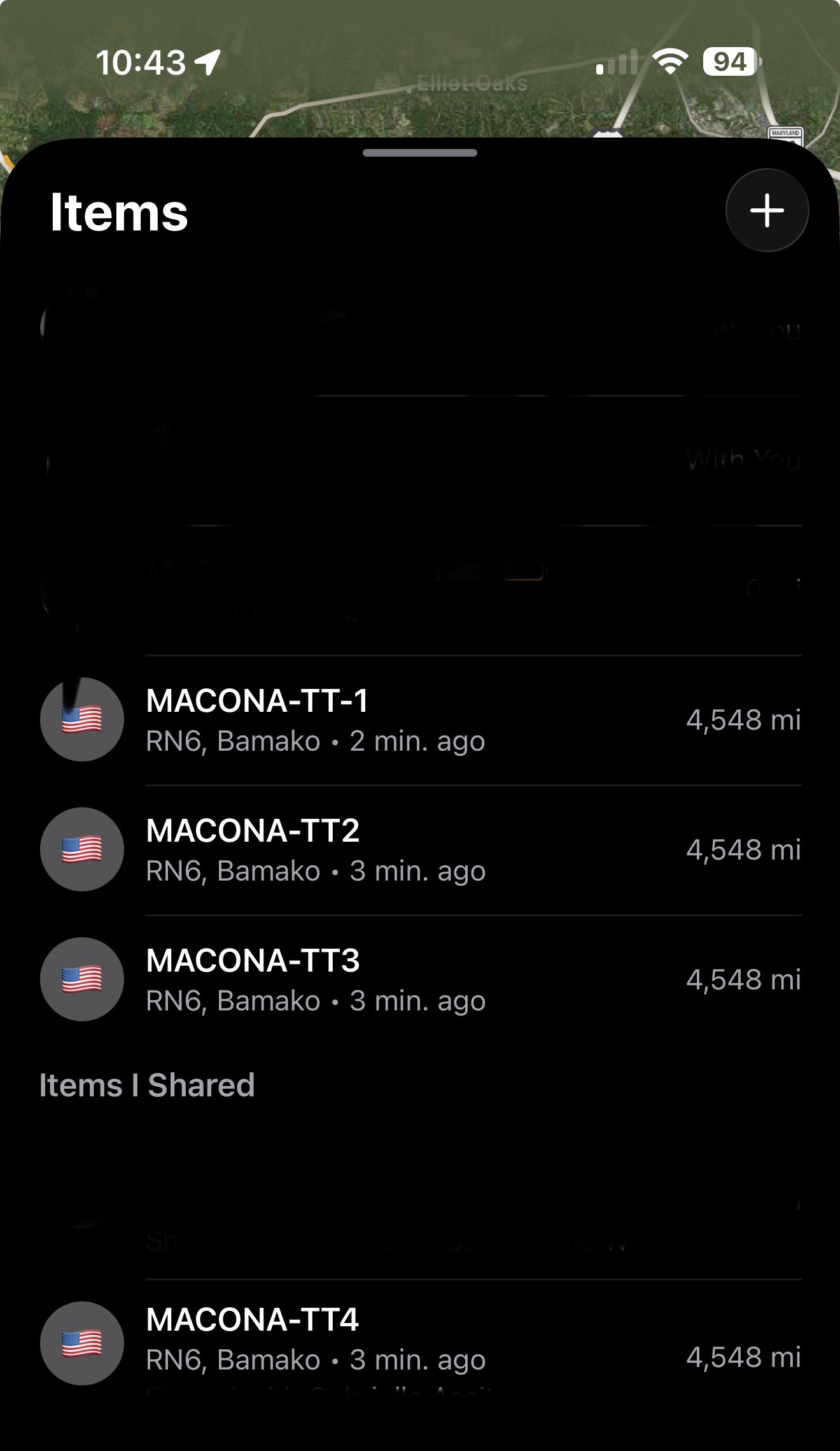 Find My Items list showing all four trackers, MACONA-TT-1 through MACONA-TT4, reporting from RN6 in Bamako, Mali, each 4,548 miles from home