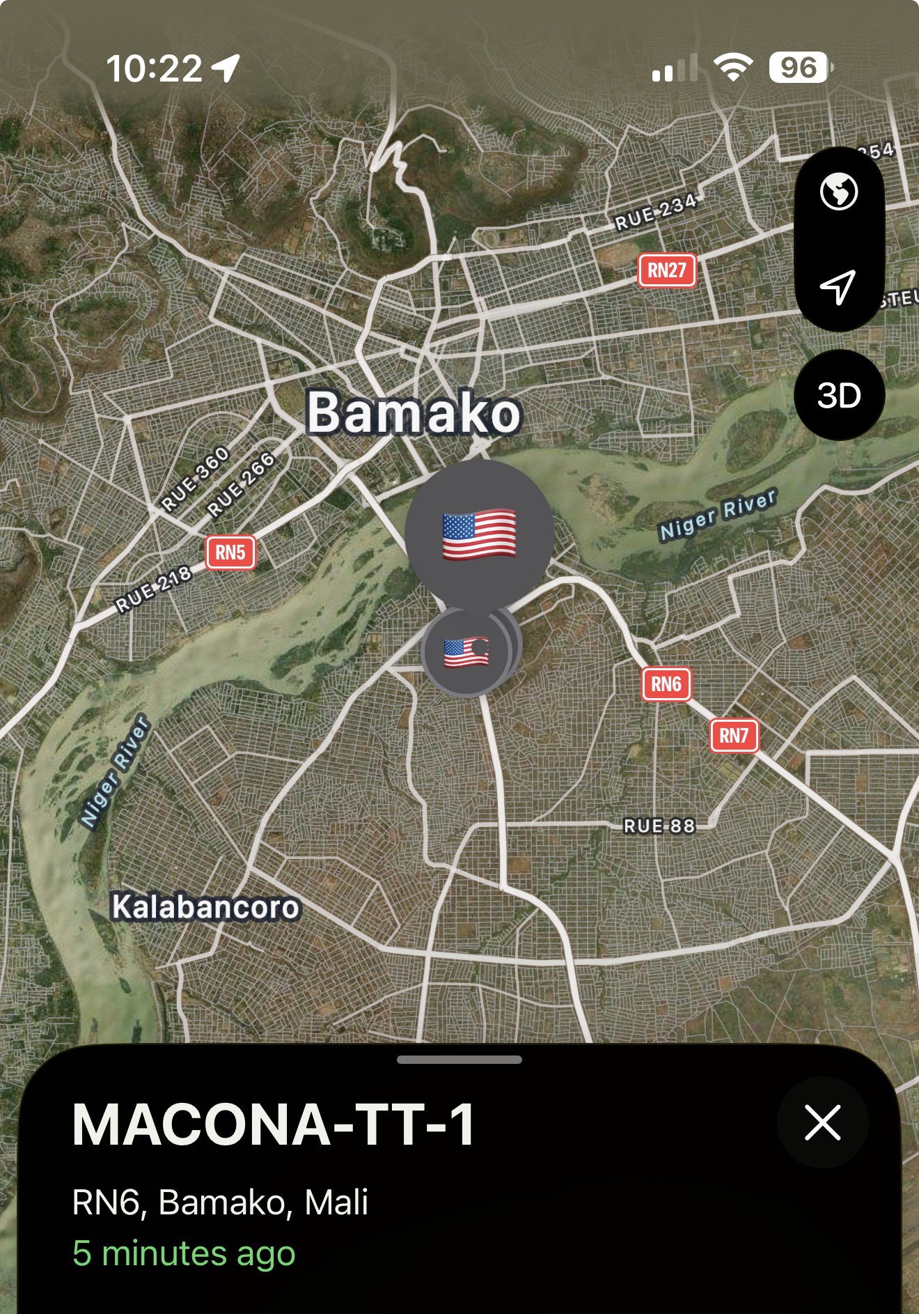 Find My map showing MACONA-TT-1 reporting on RN6 in Bamako, Mali, beside the Niger River