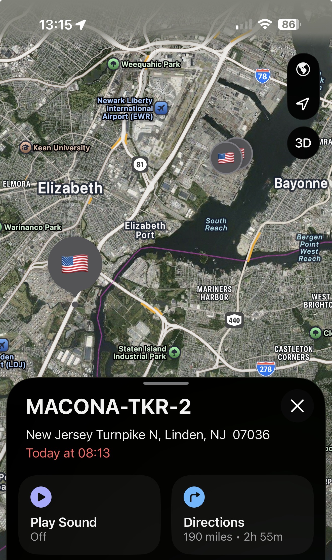 Find My map showing the MACONA-TKR-2 tracker along the New Jersey Turnpike in Linden, New Jersey, near the Elizabeth port, with all three trackers grouped nearby.