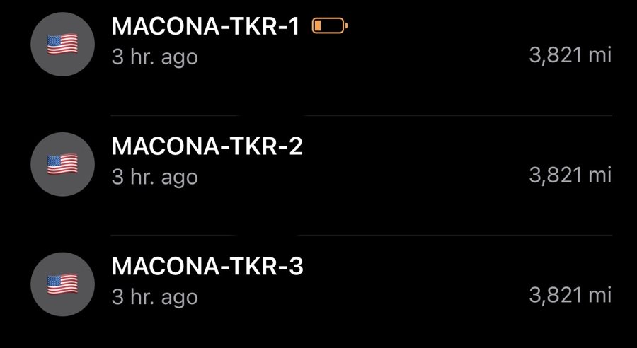 Find My item list showing MACONA-TKR-1, MACONA-TKR-2, and MACONA-TKR-3 all last seen 3 hours ago, each 3,821 miles away.