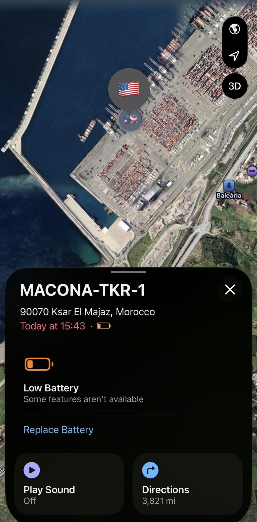Find My satellite view showing MACONA-TKR-1 at the Tanger Med container port in Ksar El Majaz, Morocco, with a low battery warning.