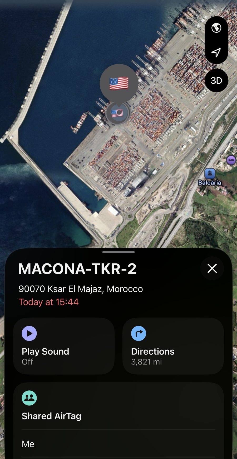 Find My satellite view showing MACONA-TKR-2 at the Tanger Med container port in Ksar El Majaz, Morocco.