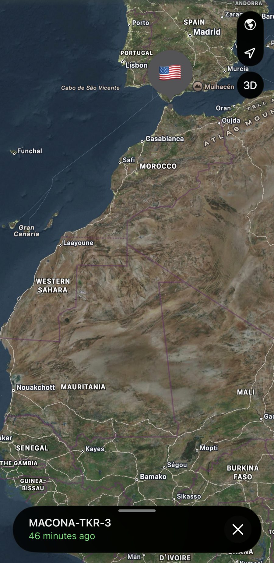 Find My map placing MACONA-TKR-3 at the northern tip of Morocco on the Strait of Gibraltar, with Mali and Bamako far to the south.