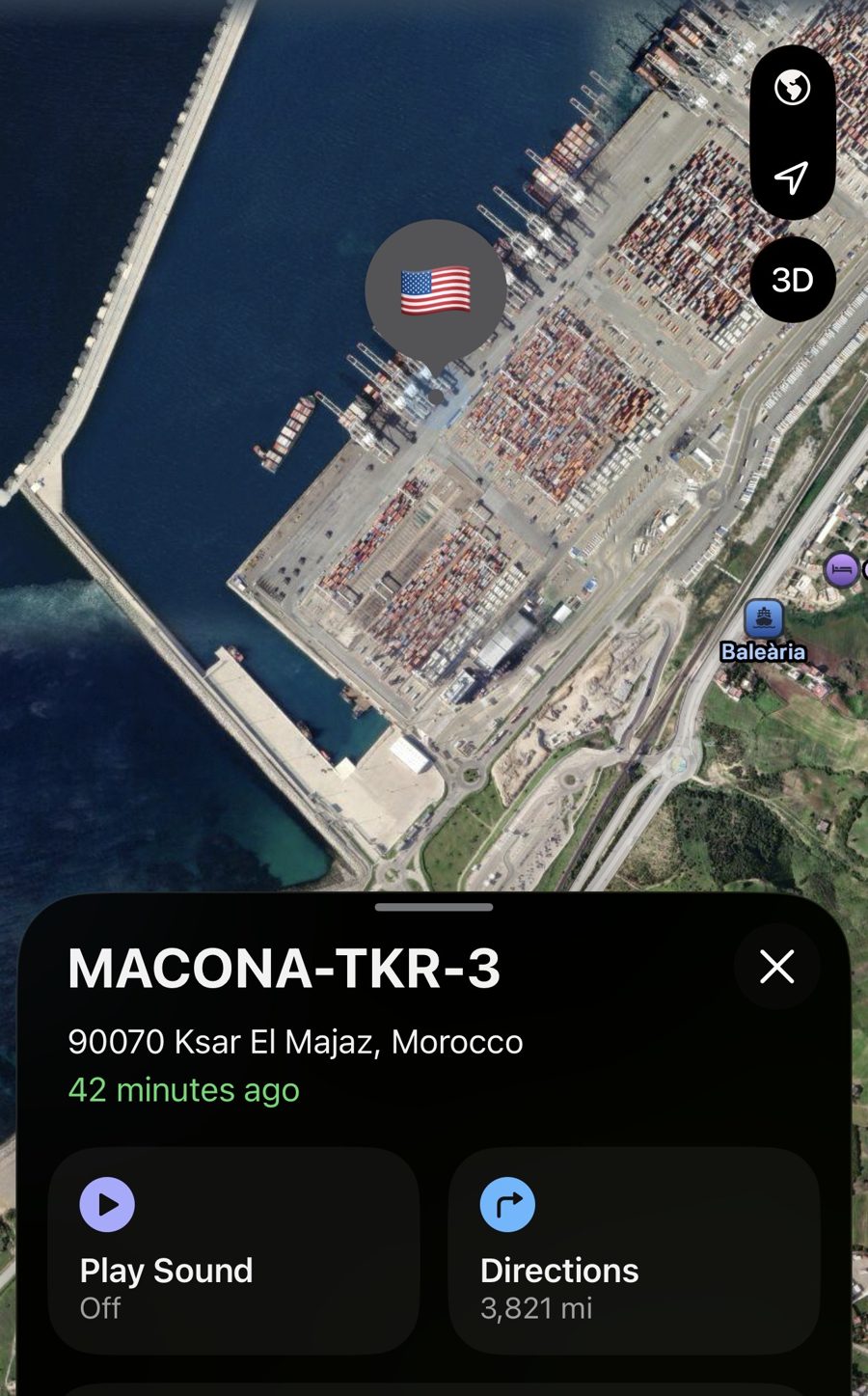 Find My satellite view showing the MACONA-TKR-3 tracker at the Tanger Med container port in Ksar El Majaz, Morocco, with stacked containers and cranes along the quay.