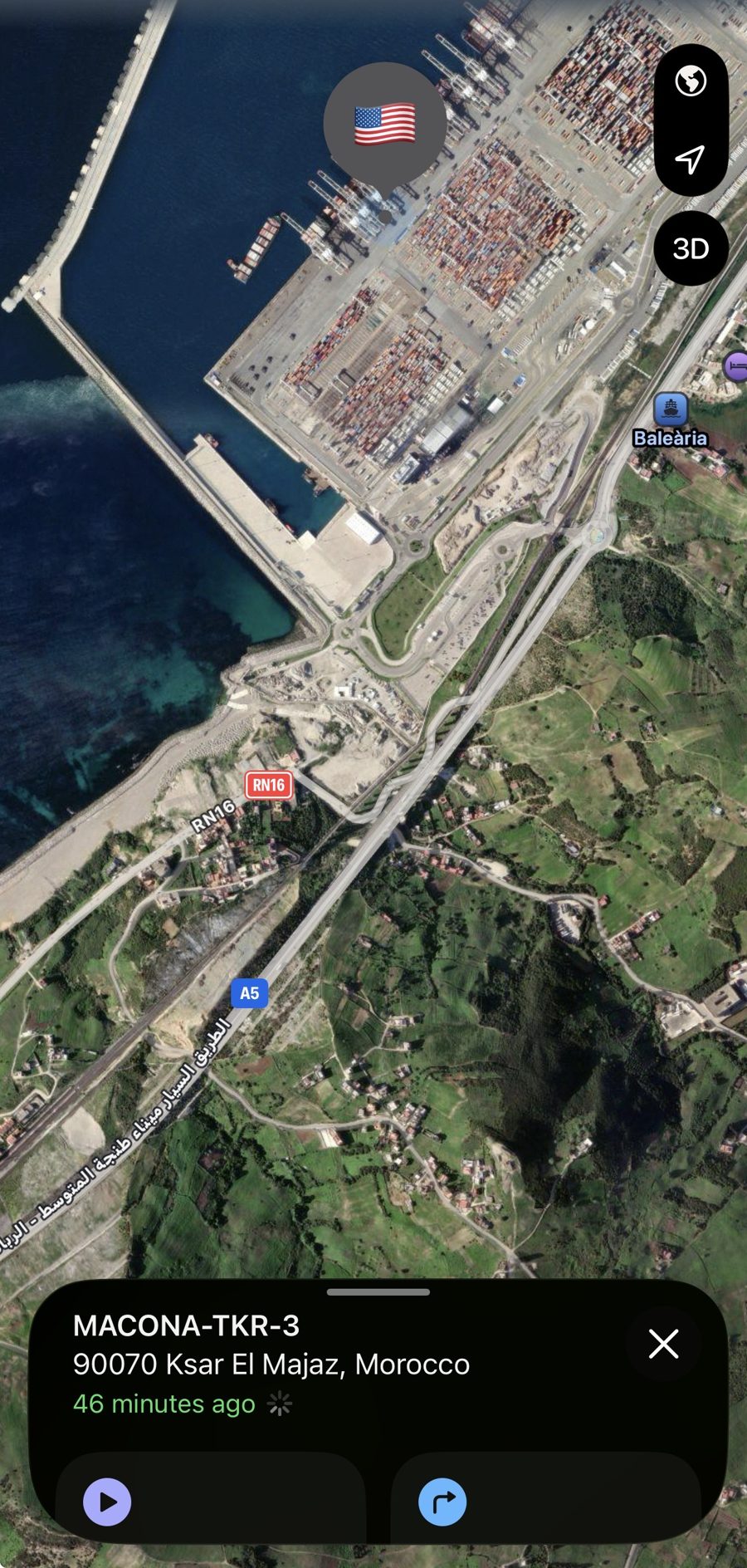 Wider Find My view of MACONA-TKR-3 at the Tanger Med port, with the A5 motorway and the Moroccan coast.