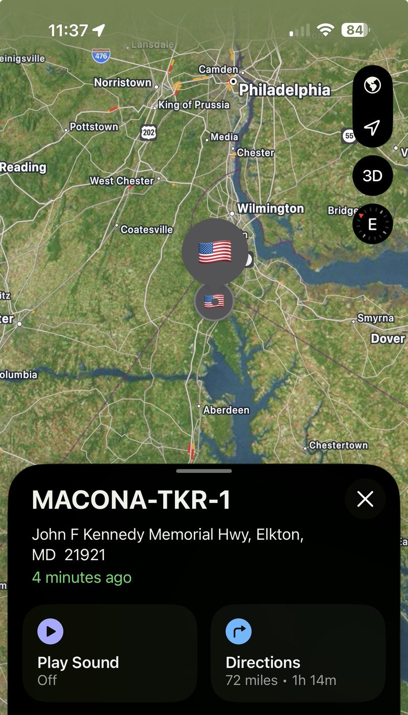 Find My map showing the MACONA-TKR-1 tracker on Interstate 95 near Elkton, Maryland, en route to Philadelphia