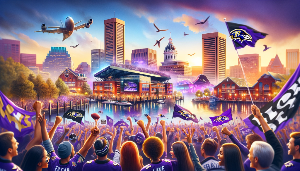 Crown Cheering on Baltimore Ravens with City in Backdrop